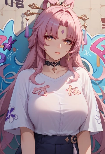 star rail,fu xuan,oversized graffiti shirt,dolphin shorts  - AI generated anime art